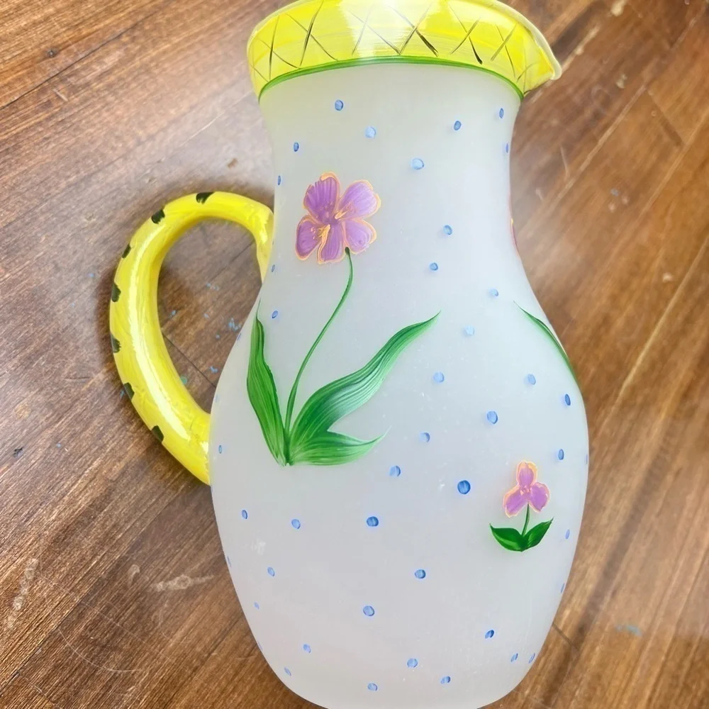 Flora Hand Painted Glass Pitcher 64 oz. Floral VTG Coastal Cottage Grandmother